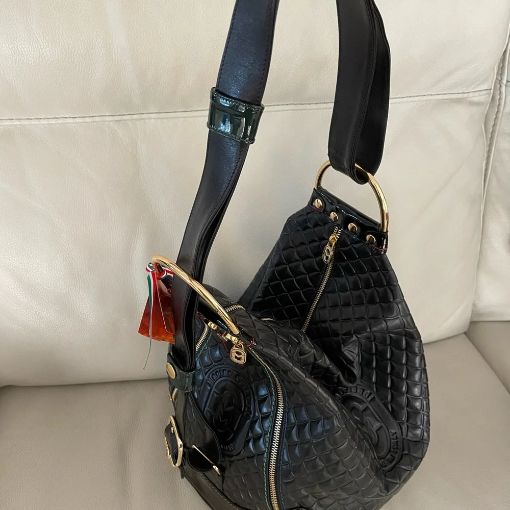 MARINO ORLANDI Italy XL BLACK ShoulderBag/Tote converts to Sling Emboss Leather - Picture 15 of 15